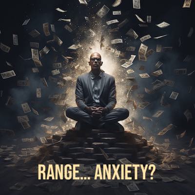 A man sits on a pile of money, meditating on the meaning of range anxiety.