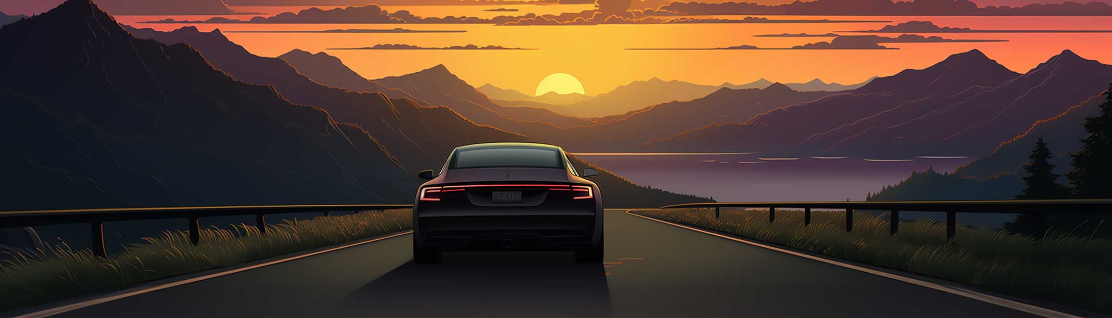 An EV driving off into the sunset.