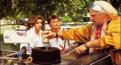 Dr Brown pours beer into the Mr Fusion unit powering his DeLorean in the film great Back to the Future.