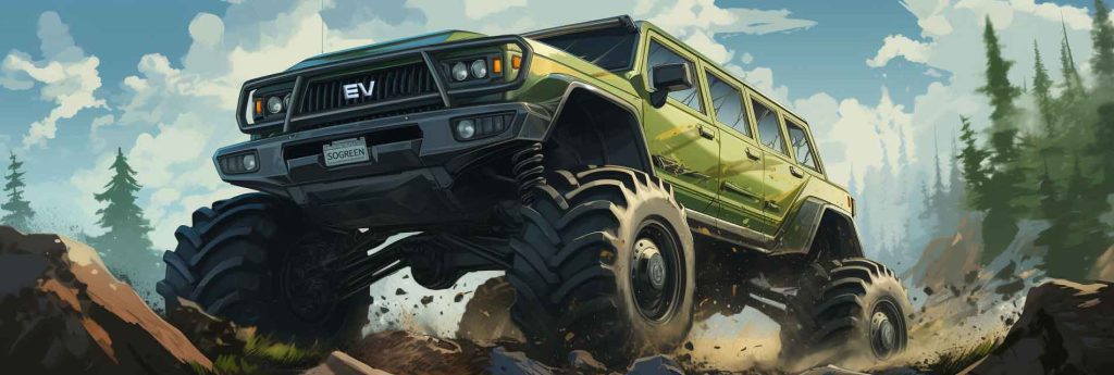 A green SUV tromping through nature.